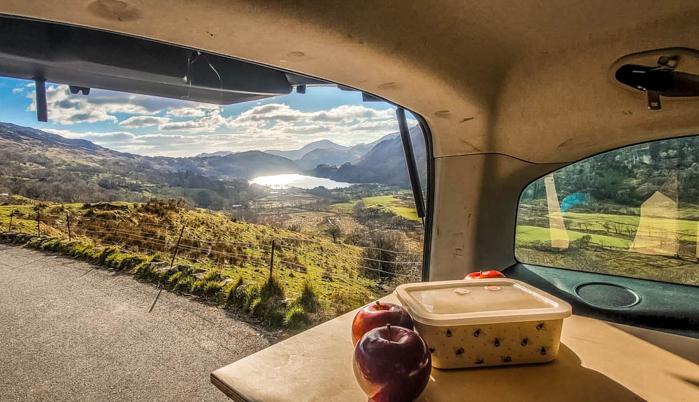 campervan view with packed lunch