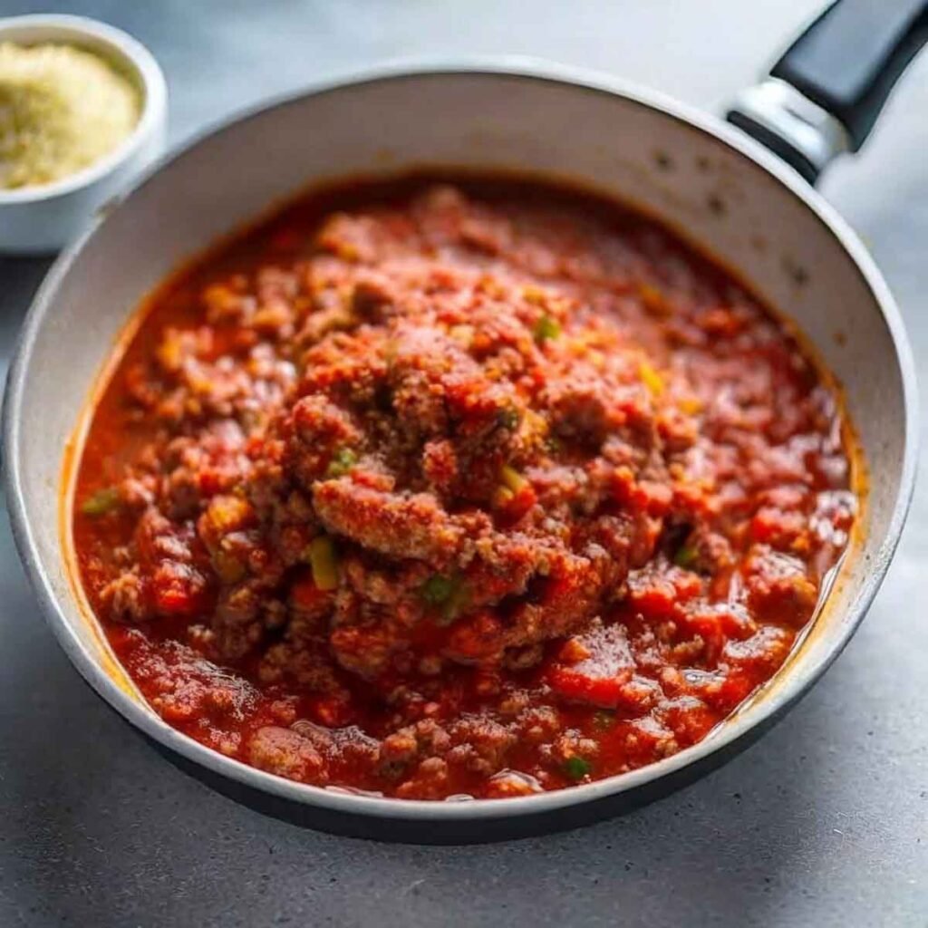 chili con carne in a frying pan