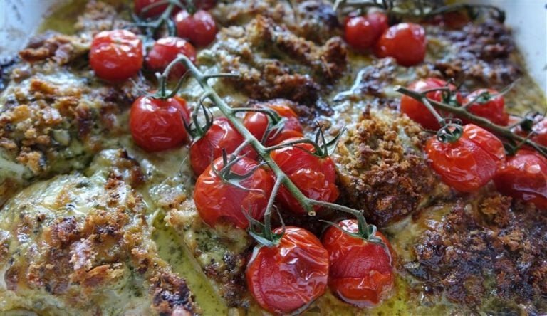 Pesto Cheesy Chicken with Roast Tomatoes