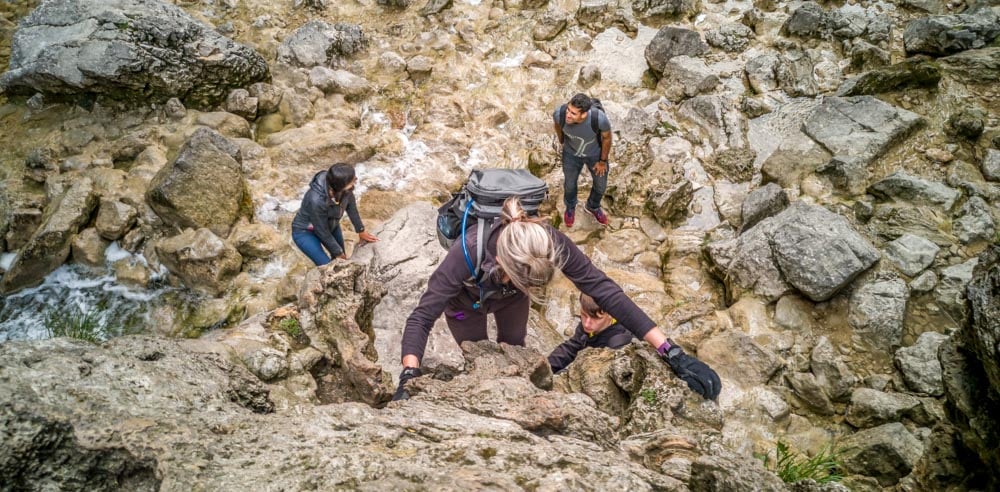 scrambling up the Gordale Scar waterfall