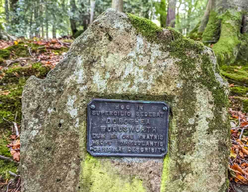 Latin plaque explaining the Wordsworths love of walking in Lancrigg Wood