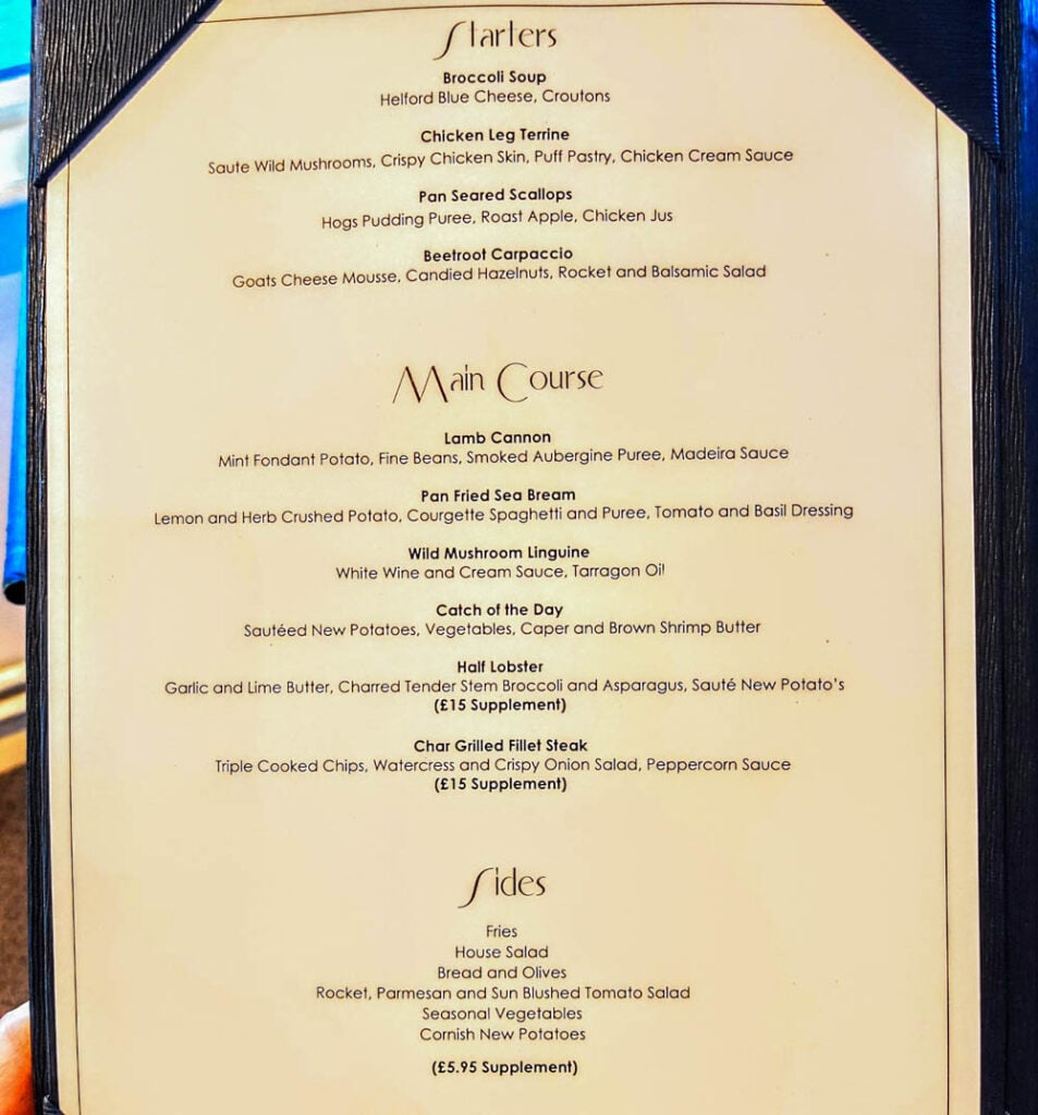 menu at the mullion cove hotel