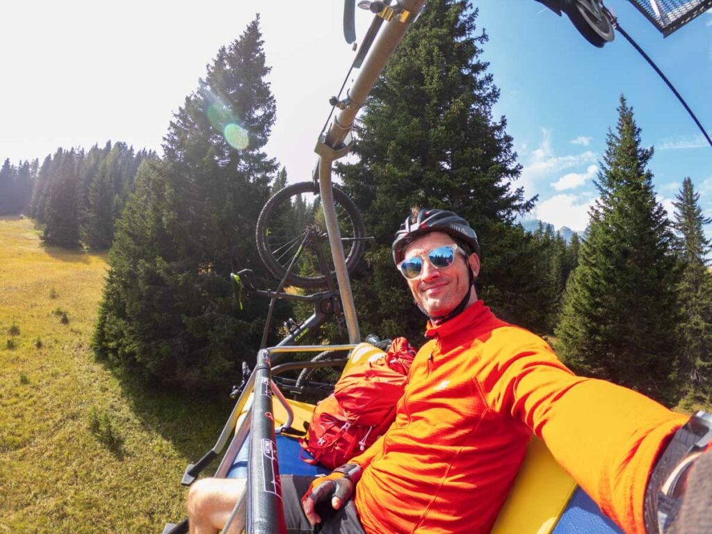 Uphill mountain biking on the ski lift