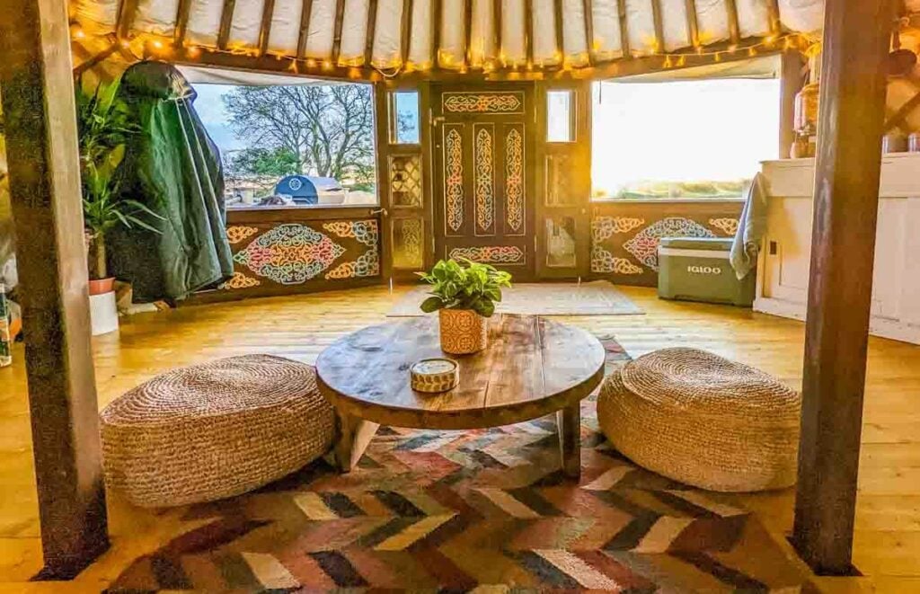 view in the yurt from the bed at castle creavie farm